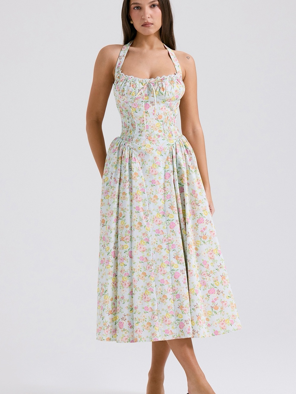 BNWT House of CB Adabella Pale Blue Meadow Print Cotton Halter Sundress